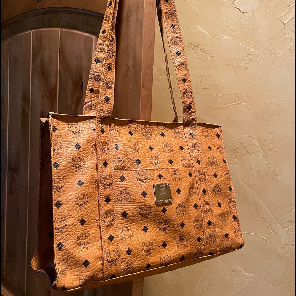 MCM Vintage Visetos Monogran Cognac Large Shopper Tote Carryall Shoulder Bag.